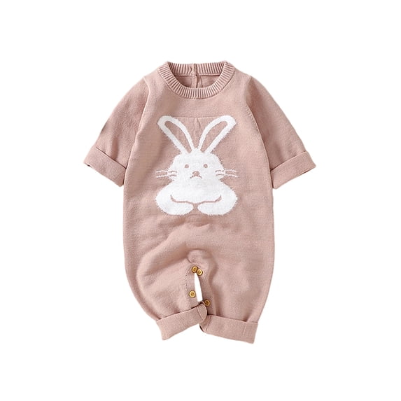 CUZIBR Newborn Boy Baby Summer Romper Jumpsuit Crochet Knitting Cute Bunny Long Sleeve Solid Color Overall Adjustable Strap Bodysuit Casual Playwear One Piece Outfits Clothing Set,Pink,6-9 Months