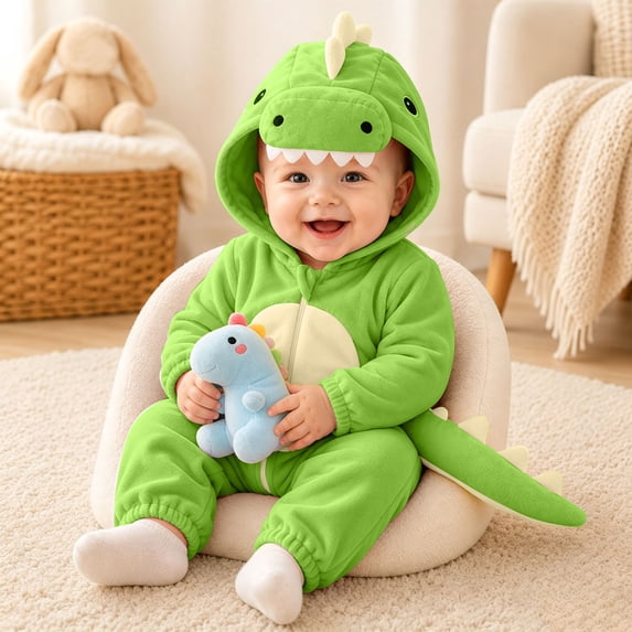 CUZIBR Boys Girls Dinosaur Romper Bodysuit Hooded Fuzzy Cartoon Onesies Long Sleeve Zip Up Cartoon Fall Winter Soft Loungewear,Green,1-3 Months