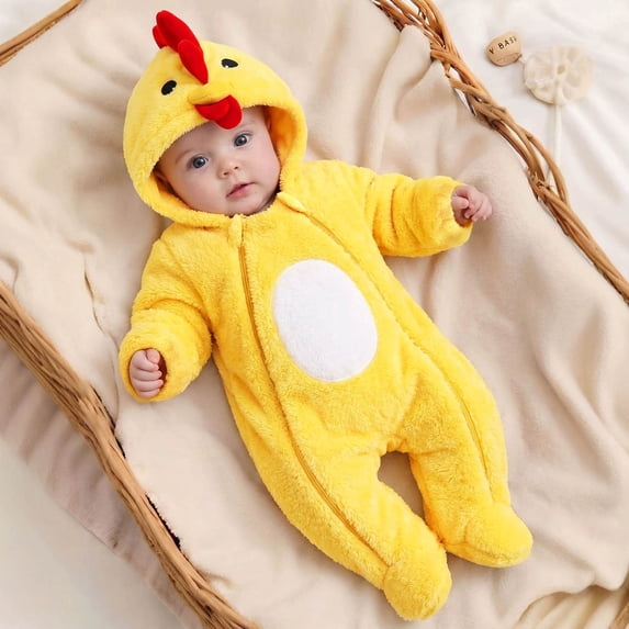 CUZIBR Chick Boy Girl Fuzzy Halloween Onesie Animal Footed Romper Jumpsuit Hooded Zip Up Long Sleeve Funny Dress-up Party Clothes,Yellow,1-3 Months