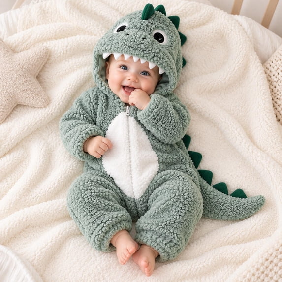 CUZIBR Dinosaur Boy Girl Halloween Onesie Animal Romper Jumpsuit Hooded Zip Up Long Sleeve Funny Dress-up Party Clothes,Green,1-3 Months
