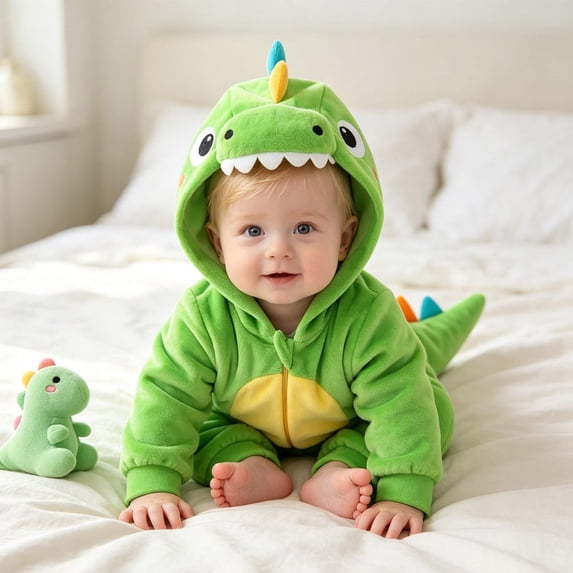 CUZIBR Newborn Fuzzy Dinosaur Onesies Girl Boy Animal Themed Long Sleeve Romper Zip Up Hooded Jumpsuit Cozy Loungewear,Green,6-9 Months