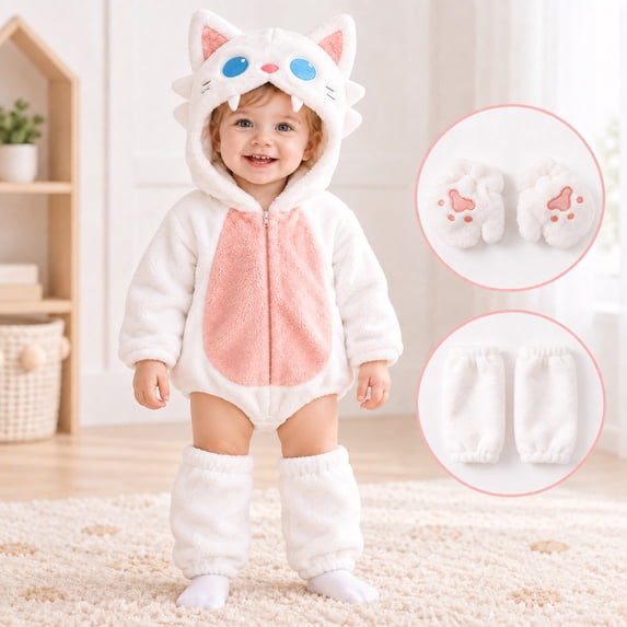 CUZIBR Girl Halloween Boy Fuzzy Cat Onesie With Gloves Leg Warmer Animal Romper Bodysuit Hooded Zip Up Long Sleeve Funny Dress-up Party Clothes,White,3-6 Months
