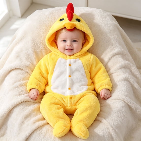 CUZIBR Girls Halloween Boys Fuzzy Chick Onesie Animal Romper Jumpsuit Hooded Long Sleeve Eye-Catching Trick or Treat Clothes,Yellow,3-6 Months