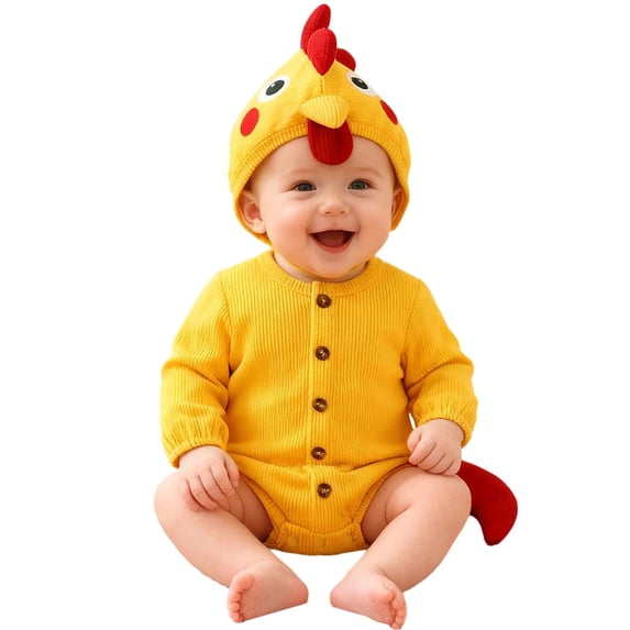 CUZIBR Halloween Boy Girl Chick Onesie With Hood Animal Romper Bodysuit Crew Neck Long Sleeve Lovely Cosplay Party Clothes,Yellow,3-6 Months