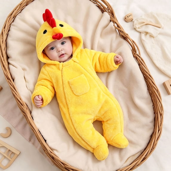 CUZIBR Halloween Boy Girl Fuzzy Chick Onesie Animal Romper Jumpsuit Hooded Zip Up Long Sleeve Soft Cosplay Party Clothes,Yellow,1-3 Months