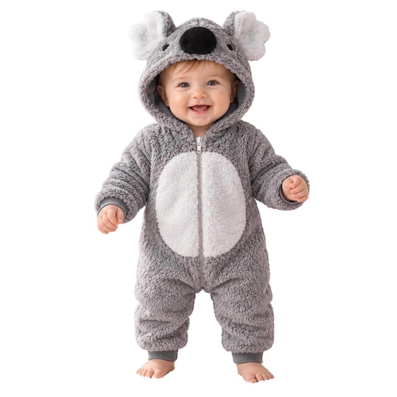 CUZIBR Halloween Girl Boy Fuzzy Onesie Animal Romper Jumpsuit Hooded Zip Up Long Sleeve Eye-Catching Trick or Treat Clothes,Grey,0-1 Months