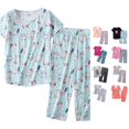 thumbnail image 1 of CUZIBR Pajamas For Women Set Cartoon Animal Print Round Neck Short Sleeve Top Matching Capri Pants Two Piece Sleepwear Set,Blue, 1 of 3