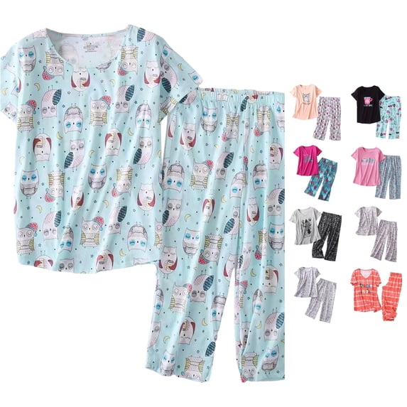 CUZIBR Pajamas For Women Set Cartoon Animal Print Round Neck Short Sleeve Top Matching Capri Pants Two Piece Sleepwear Set,Blue