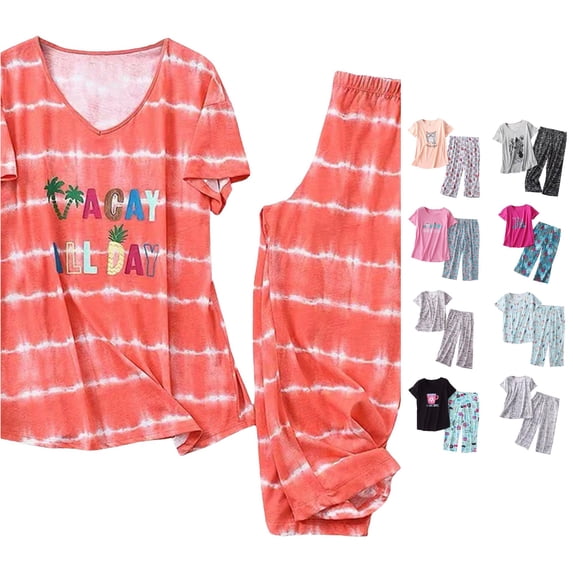 CUZIBR Pajamas For Women Set Cartoon Animal Print Round Neck Short Sleeve Top Matching Capri Pants Two Piece Sleepwear Set,Orange