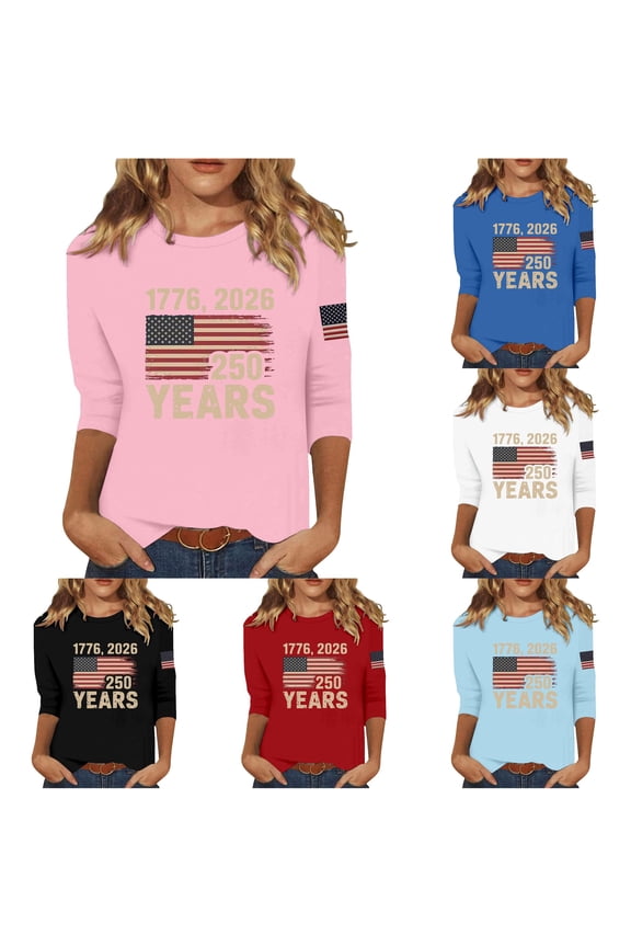 Patriotic Graphic T Shirt For Women 4Th Of July Long Sleeve Crewneck Holiday Casual Comfortable Tee Summer Fall Basic Layering 250 Years Celebration Anniversary Shirts Top,Pink,S