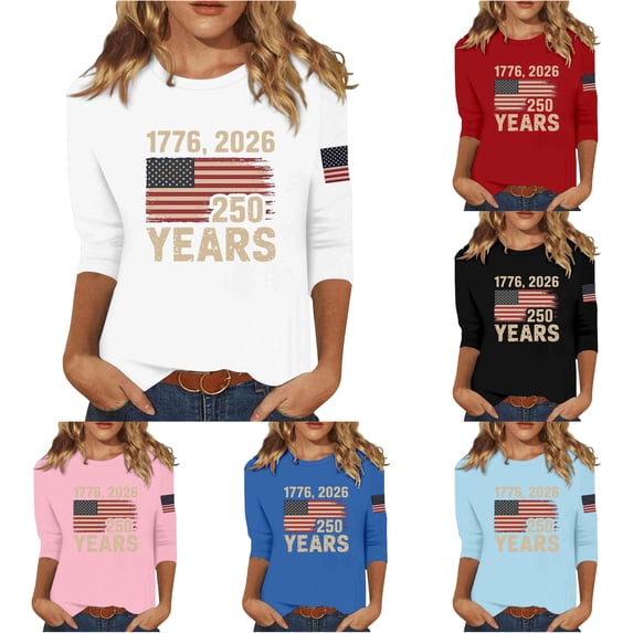 CUZIBR Patriotic Graphic T Shirt For Women 4Th Of July Long Sleeve Crewneck Holiday Casual Comfortable Tee Summer Fall Basic Layering 250 Years Celebration Anniversary Shirts Top,White,S