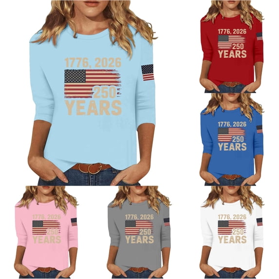 CUZIBR Patriotic Graphic T Shirt For Women 4Th Of July Long Sleeve Crewneck Holiday Casual Comfortable Tee Summer Fall Basic Layering 250 Years Celebration Anniversary Shirts Top,Light Blue,L