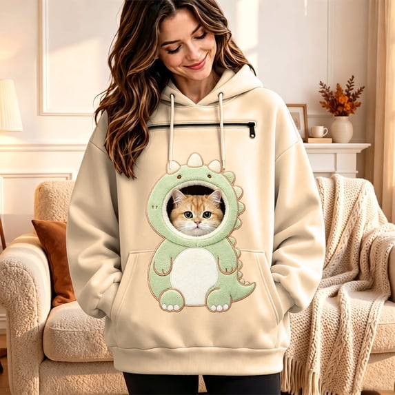 CUZIBR Pet Hoodie Carrier For Cat Women Oversized Hoodies Cartoon Animal Hooded Long Sleeve Soft Fall Winter Pullover,Beige,XL