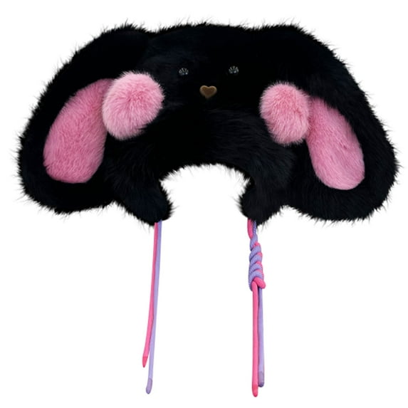 CUZIBR Scarf Hat Set Cute Long Ears Hat Plush Thermal Lovely Animal Pattern Character Skull Caps With Earflap Soft Festival Fuzzy Hats,Black,One Size