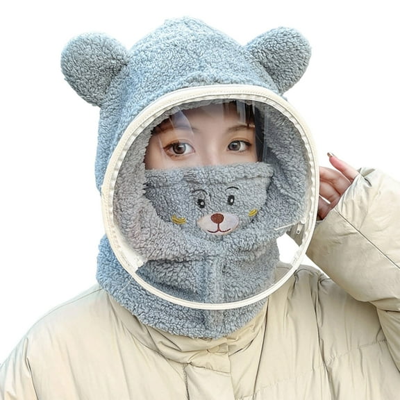 CUZIBR Scarf Hat Set Plush Thermal Lovely Animal Pattern Character Skull Caps With Mask Scarf Earflap Soft Festival Fuzzy Cute Long Ears Hat,Grey,One Size