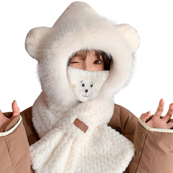 CUZIBR Scarf Hat Set Plush Thermal Lovely Animal Pattern Character Skull Caps With Mask Scarf Earflap Soft Festival Fuzzy Cute Long Ears Hat,Light Gray1,One Size