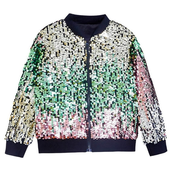 CUZIBR Sequin Jackets Girls Solid Color Long Sleeve Zip Up Jacket For Kids Christmas Shiny Fashion Coats Fashionable Dailywear For Toddler