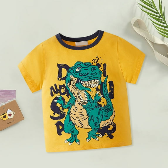 CUZIBR Shirts Boys Fashion Cartoon Dinosaur Print Round Neck Short Sleeve T-Shirts Soft Breathable Tee Fashion Outwear Clothing,Yellow,9-10 Years