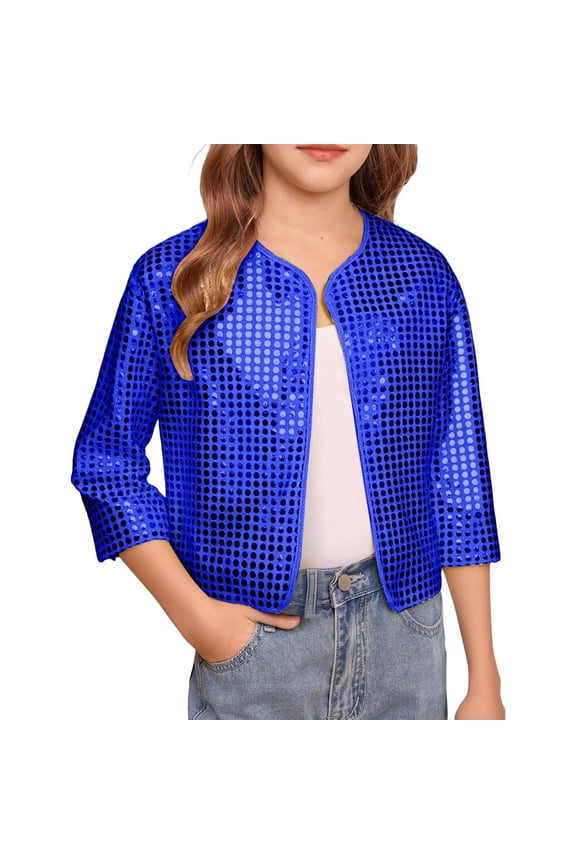 Shirts For Girls Sequins Top Shiny Sparkly Long Sleeve Open Front Cardigan Coats Carnival Cheerleader Stage Performance Jacket Cute Tops,Blue,9-10 Years