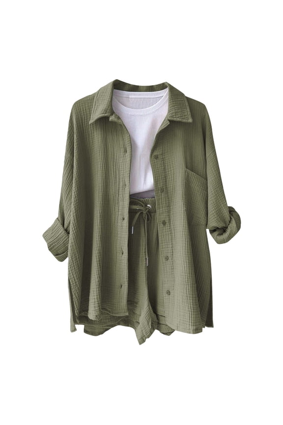 Shirts For Women Casual Long Sleeve Oversized Solid Color Button Down Shirt Breathable Lightweight Blouse Relaxed Fit Top Casual Turndown Collar Spring Summer Fashionable Tops,Army Green,S