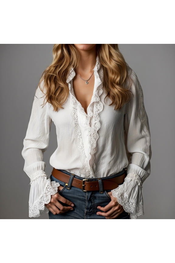 Shirts For Women Solid Colro Long Sleeve Ruffles Lace Trim Patchwork Blouse Button Down Elegant Sheer Top Fashionable Loose Fit Summer Breathable Cozy Casual Tunic Shirt,White,XXL