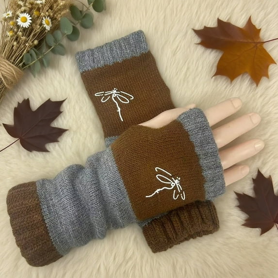 CUZIBR Ski Gloves Women'S Plush Knitted Fingerless Glove Cartton Pattern Wool Fuzzy Lined Mitten Sleeves Writing For Cycling Running Outdoor Activities