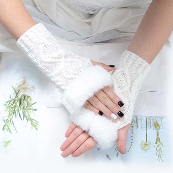 CUZIBR Ski Gloves Women'S Plush Knitted Fingerless Glove Cartton Pattern Wool Fuzzy Lined Mitten Sleeves Writing For Cycling Running Outdoor Activities