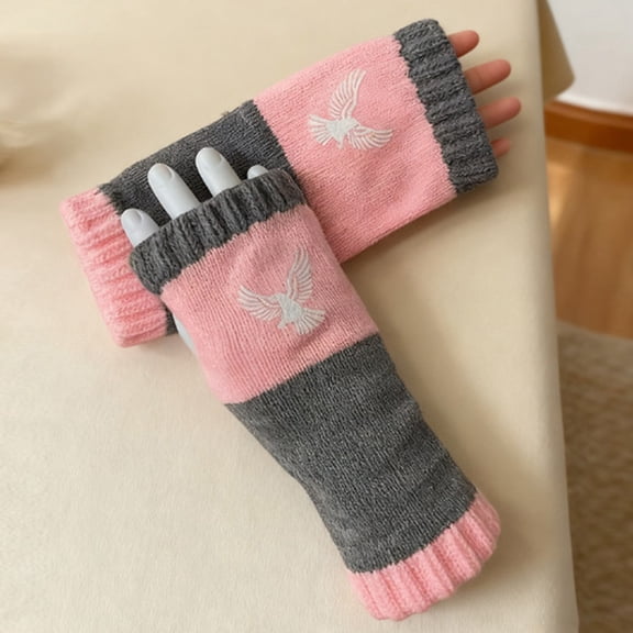 CUZIBR Ski Gloves Women'S Plush Knitted Fingerless Glove Cartton Pattern Wool Fuzzy Lined Mitten Sleeves Writing For Cycling Running Outdoor Activities