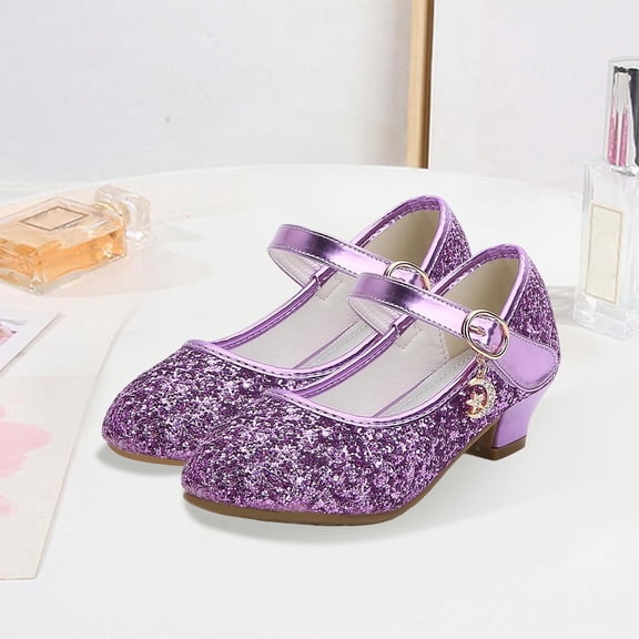 CUZIBR On Sneakers Stylish Sparkly Mary Jean Princess Dress Shoes High Heel Dance Sandals Fashionable Soft Lightweight Comfy Footwear,Purple,5-5.5 Years