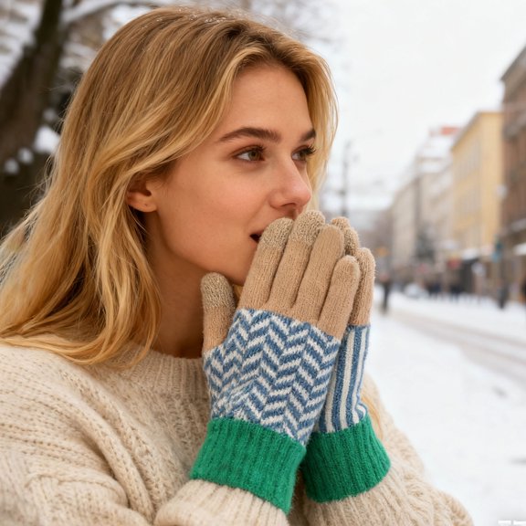 CUZIBR Snow Gloves Women Knitted Finger Thermal Mittens Thick Lined Warm Touchscreen Geometric Pattern Color Block Gloves For Running Driving Hiking