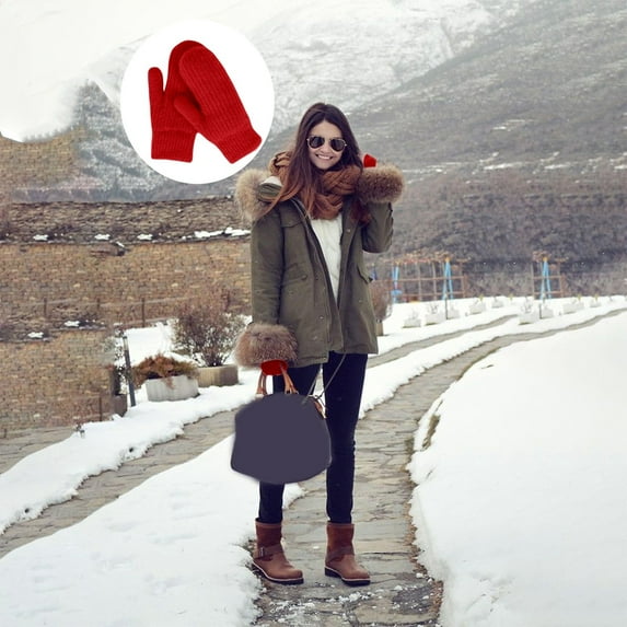 CUZIBR Snow Gloves Women Soft Fuzzy Lined Warm Knitted Mittens Finger Solid Color Thermal Cozy Thick Handwear For Running Driving Hiking