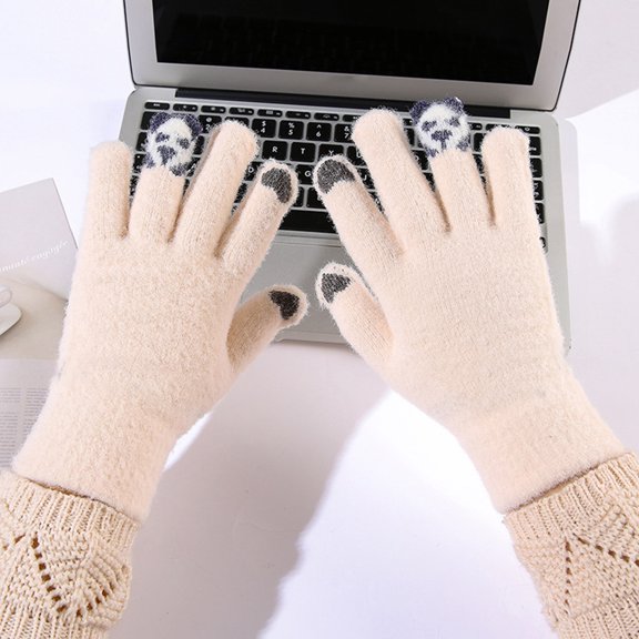 CUZIBR Snowboard Gloves Cute Panda Finger Cartoon Pattern Fuzzy Lined Knitted Touchscreen Thermal Mittens Windproof Outdoor Cold Weather For Unisex