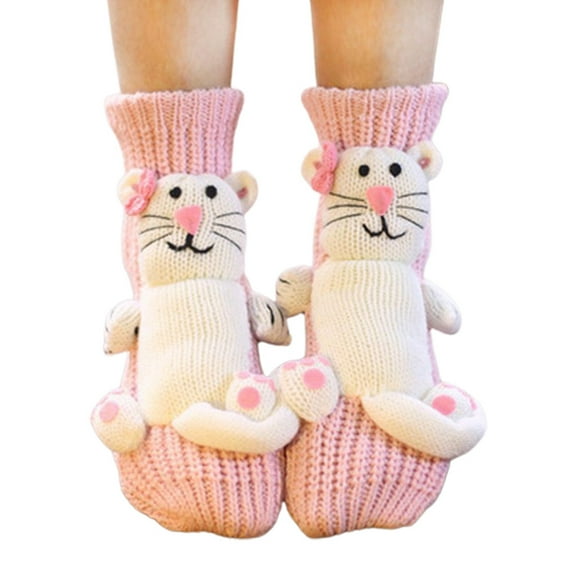CUZIBR Socks For Women Cute Cartoon Animal Pattern Crew Socks Fuzzy Lined Cozy Slipper Socks Winter Warm Casual Breathable Socks,Pink,One Size