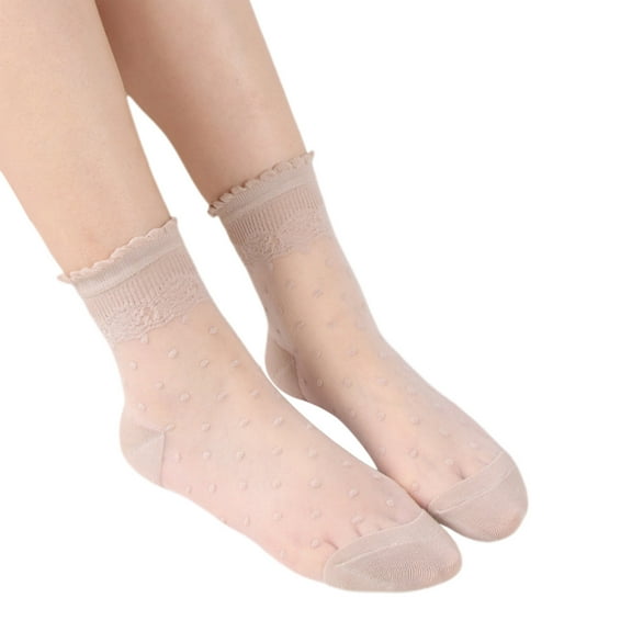 CUZIBR Socks For Women Leisure Transparent Thin Solid Polka Dot Lace Sheer Ankle Socks Soft Short Stockings Casual Breathable Socks,Beige,One Size