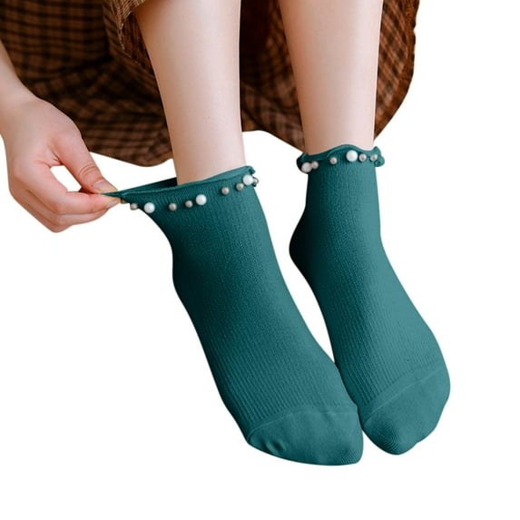 CUZIBR Socks For Women Solid Color Ruffles Pearl Thickened Warm Crew Socks Cute Thick Soft Ankle Socks Breathable Lightweight Footwear,Green,One Size