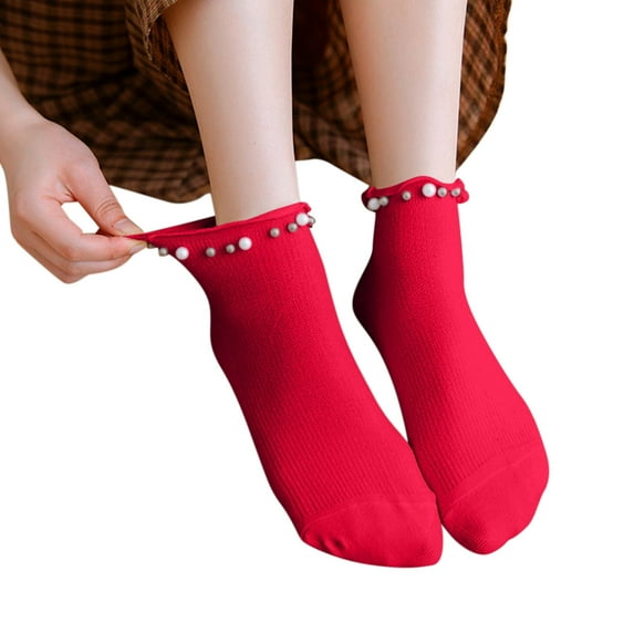 CUZIBR Socks For Women Solid Color Ruffles Pearl Thickened Warm Crew Socks Cute Thick Soft Ankle Socks Comfy Dailywear,Red,One Size