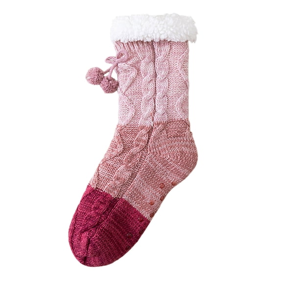 CUZIBR Socks For Women Thick Fuzzy Lined Cute Pompoms Crew Socks Grip Cozy Comfort Plush Winter Warmth Slipper Socks Fuzzy Socks,Pink,One Size