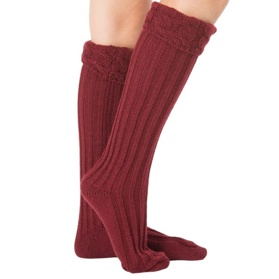 CUZIBR Socks For Women Warm Knitted Ribbed Stockings Leg Warmers Solid Color Winter Thermal Thick Cover Boot Liners Fuzzy Socks,Wine,One Size