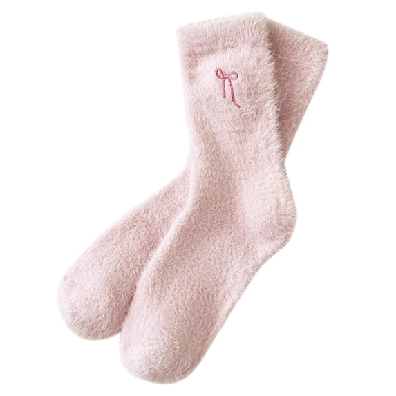 CUZIBR Socks For Women Winter Fuzzy Lined Crew Socks Cute Bow Embroidery Solid Warmth Plush Stockings Comfy Dailywear,Light Purple,One Size