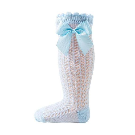 CUZIBR Socks For Girls Breathable Hollow Out Cute Bow Ruffle Knit Mid Calf Socks Comfortable Knee High Stockings Color Block Anti- Dressy Outwear,Blue,0-2 Years