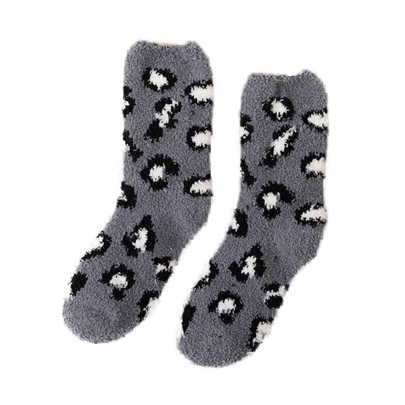 CUZIBR Socks For Women Fashion Fuzzy Lined Leopard Print Crew Socks Winter Soft Warm Boot Socks Ladies Patchwork Thick Plush Casual Breathable Socks,Grey,One Size
