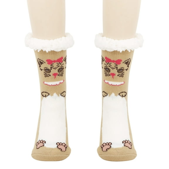 CUZIBR Socks For Women Fuzzy Slipper Socks Thick Warm Plush Lined Cute Animal Pattern Winter Thermal Non- Booties Stocking Fuzzy Socks,Yellow,One Size