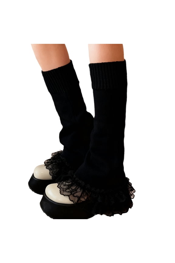 Socks For Women Long Leg Warmers Knitted Solid Lace Trim Stylish Vintage Ribbed Knit Party Dance Sports Knee High Stocking Breathable Lightweight Footwear,Black,One Size