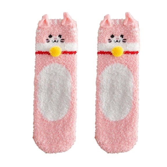 CUZIBR Socks For Women Winter Fuzzy Crew Socks Cute Cat Print Thickened Plush Warm Stockings Sleeping Homewear Breathable Lightweight Footwear,Pink,One Size