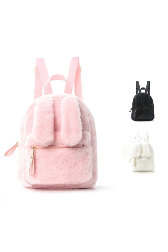 Soft Fuzzy Bunny Ear Toddler Backpack Plush Mini Rucksack With Adjustable Shoulder Straps Front Zipper Pocket Cute Small Book Bag For Little Girls