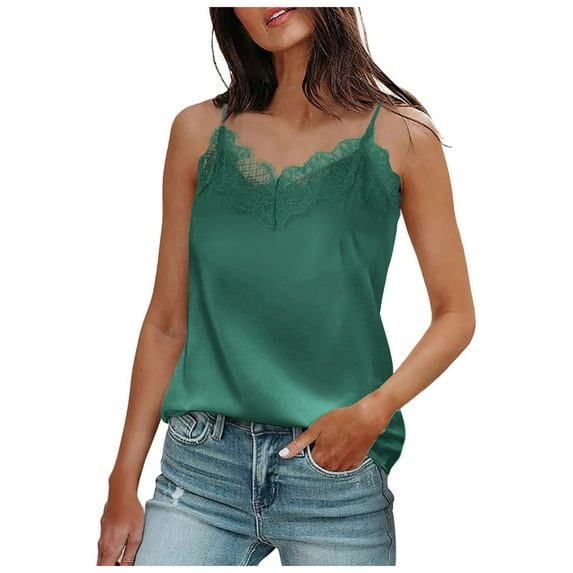 CUZIBR Solid Color V Neck Tank Tops For Women Spaghetti Strap Lace Trim Silk Satin Summer Sleeveless Camisole Loose Fit Shirt Streetwear,Green,L
