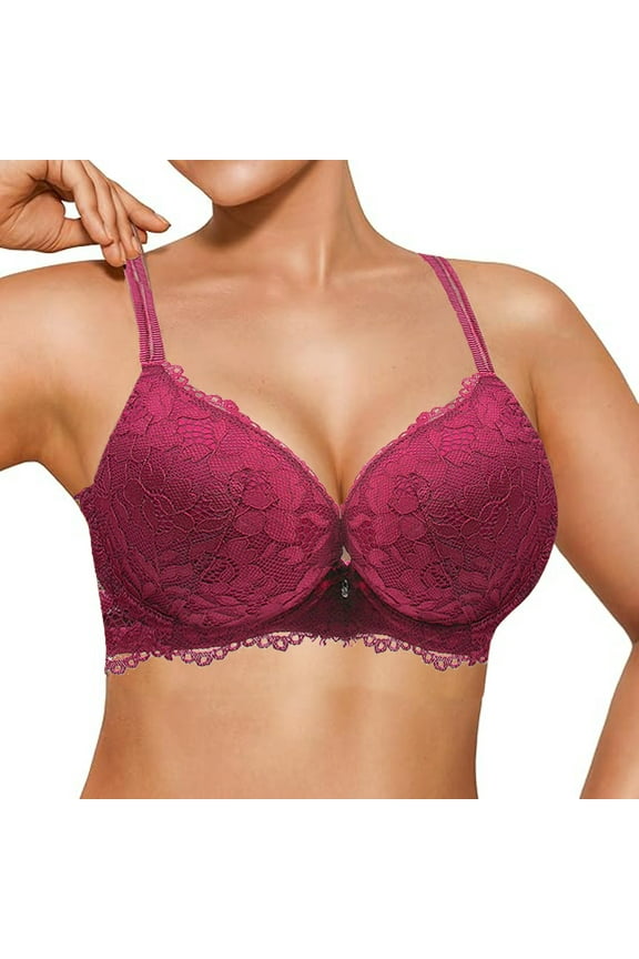 Sports Bras For Women Solid Color Elegant Lace Fashionable Cozy Underwire Adjustable Strap Deep V-Neck High Support Stylish Dailywear Comfortable Lingerie,Brick Red,70A/32A