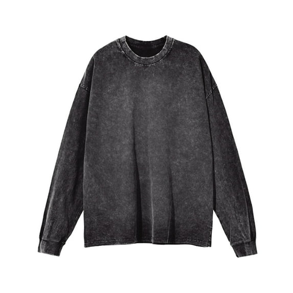 CUZIBR Spring Tops For Women Long Sleeve Crewneck Oversized Sweatshirt Solid Colro Vintage Loose Fit Shirts Wash Fashionable Tshirt Basic Lightweight Relaxed Blouse Tee,Black,XL