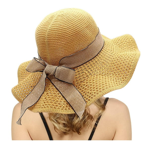 CUZIBR Straw Hats For Women Solid Color Bow Wide Brim Summer Dress Hat Shapeable Hollowed Out Breathable Fashionable Lightweight Foldable Party Vacation Beach Sun Hat ,Yellow,One Size