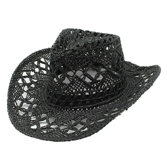 CUZIBR Straw Hats For Women Solid Color Wide Brim Summer Western Cowgirl Hat Shapeable Hollowed Out Breathable Fashionable Lightweight Foldable Vacation Beach Party Sun Hat ,Black,One Size